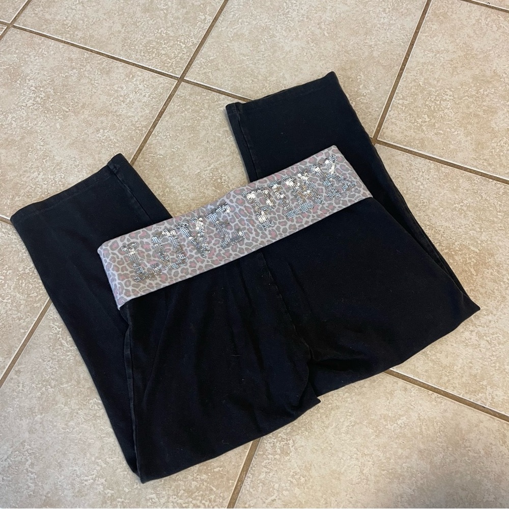 PINK Victoria's Secret Foldover Yoga Pants Small Low Rise Flare Leg Y2K‎ Sequin